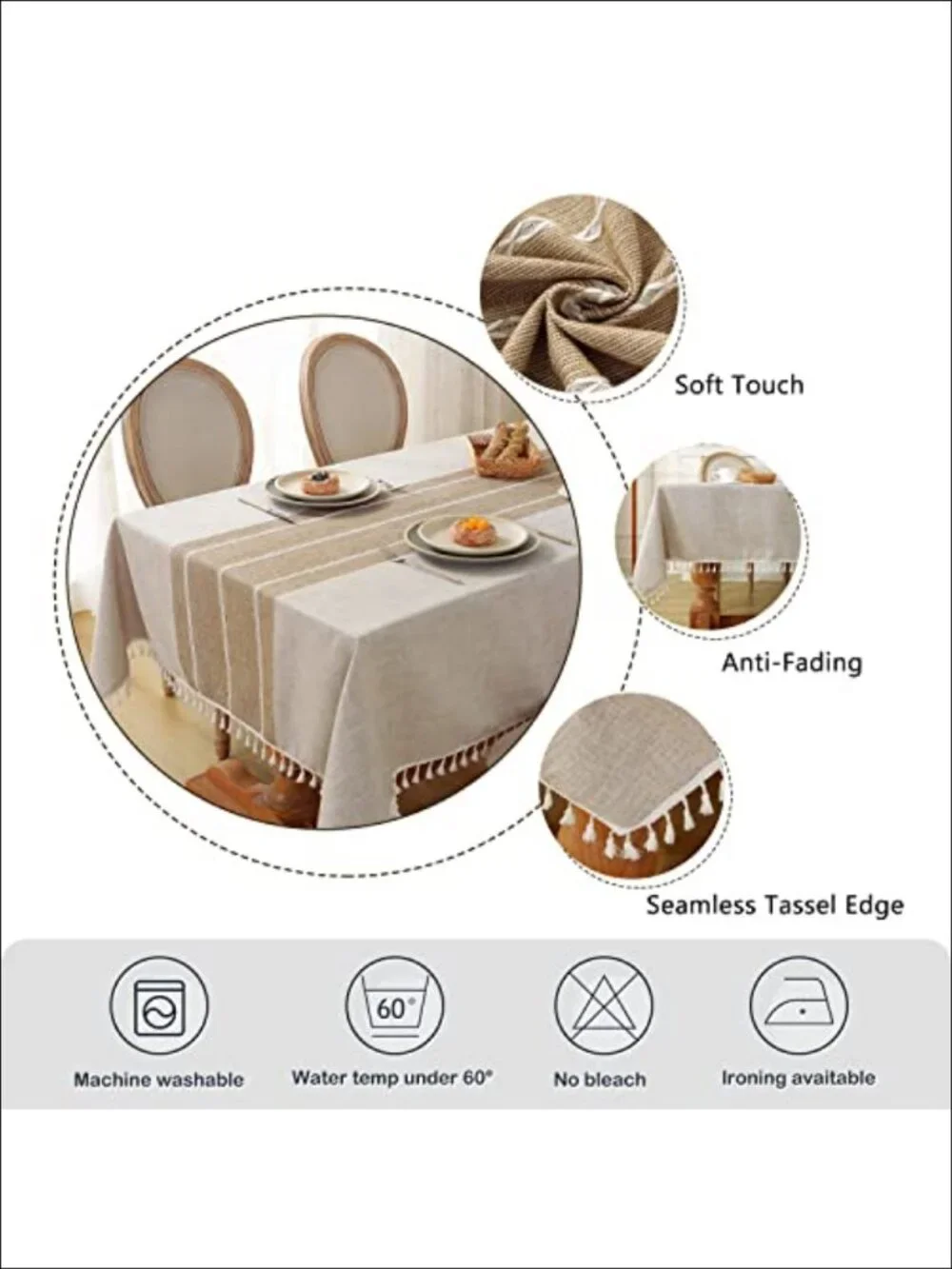 Cotton Linen Tablecloth Waterproof Washable Tassel Fringe Rectangle 55x86